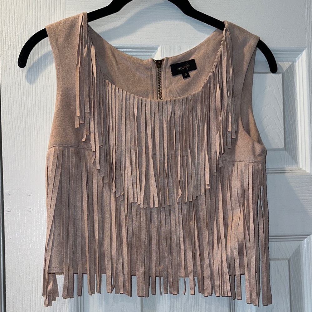 Anthropologie Blush Pink Suede Fringe Tank